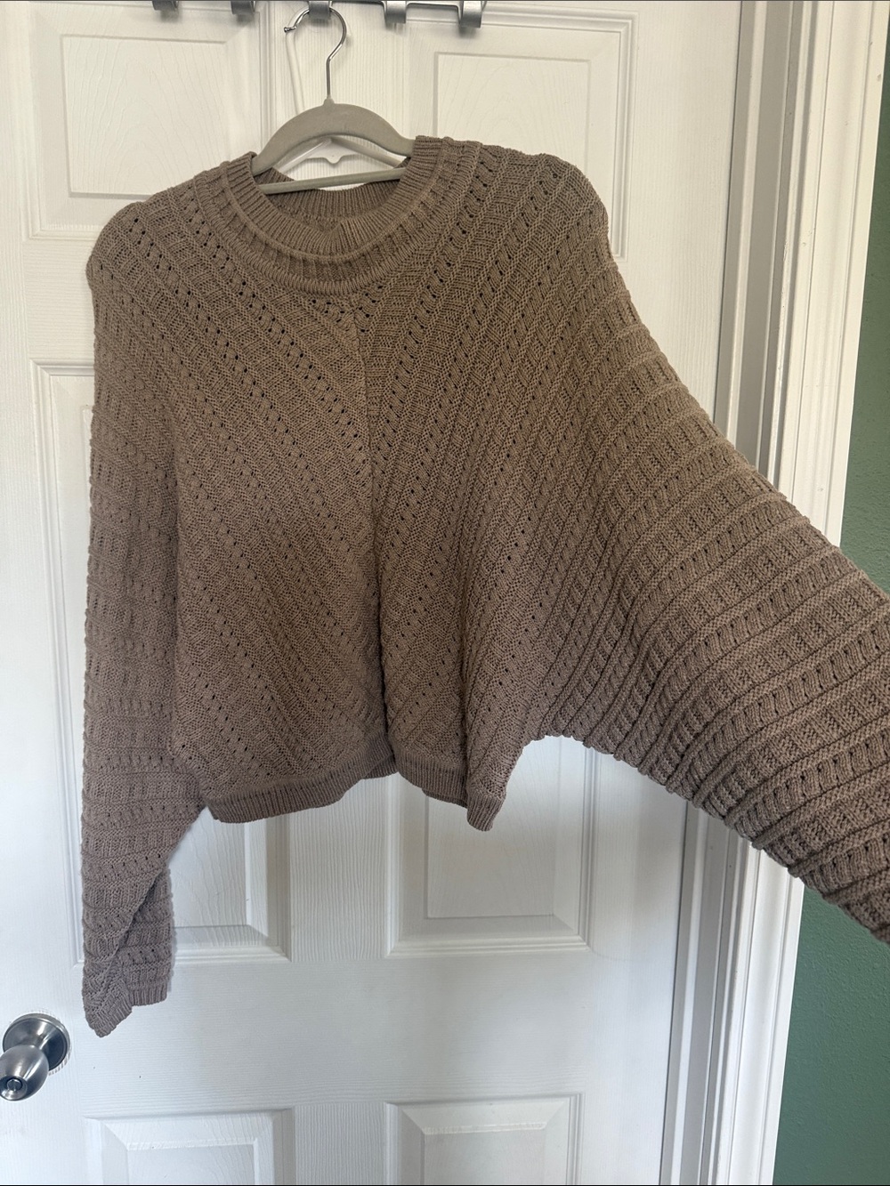 Promesa Taupe Open-Knit Crewneck Sweater with batwing sleeves. - Picture 3 of 3